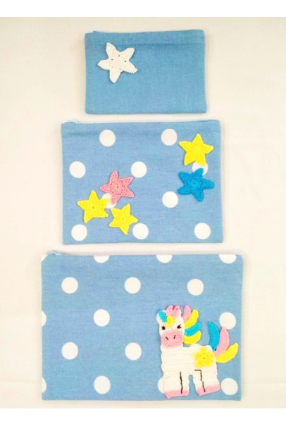 Happy Threads Cotton Storage Pouch with Hand Made Crochet Unicorn & Stars (Dark Blue) Comes in Set of 3 Happy Threads Cotton Storage Pouch with Hand Made Crochet Unicorn & Stars (Dark Blue) Comes in Set of 3
